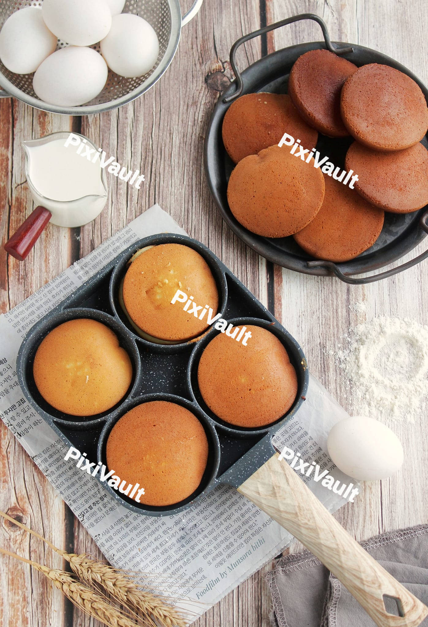 Mini pancakes on the table with some eggs